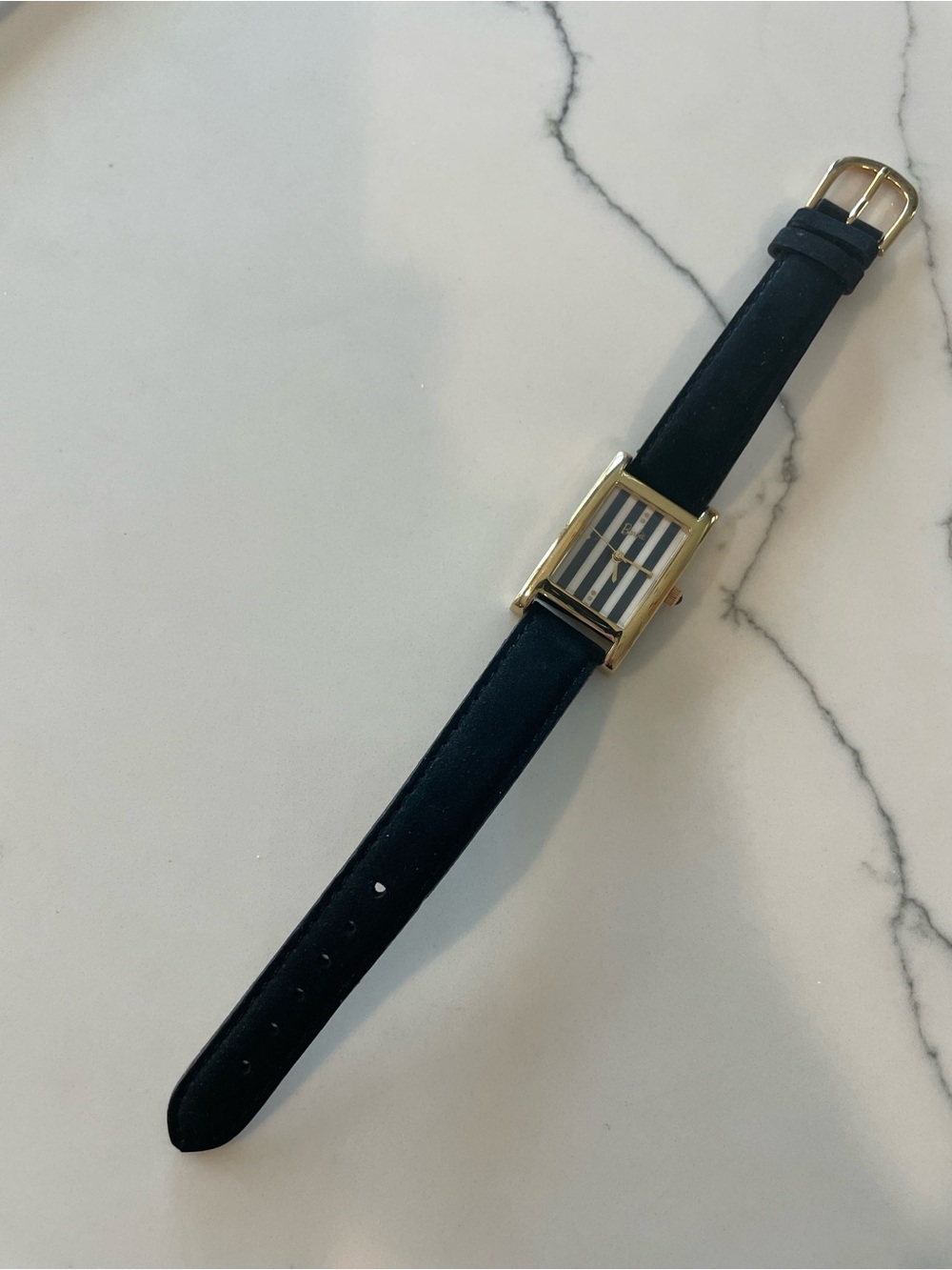 Vintage Barbie Watch Gold Plated Tank Case with Black Suede Leather Straps